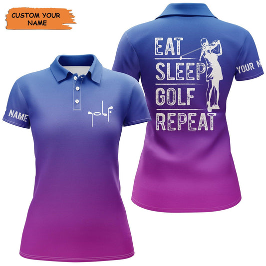 Customized Name Golf Women Polo Shirts, Personalized Gradient Color Eat Sleep Golf Repeat Polo Shirts - Perfect Gift For Ladies, Golfers, Golf Lovers - Amzanimalsgift