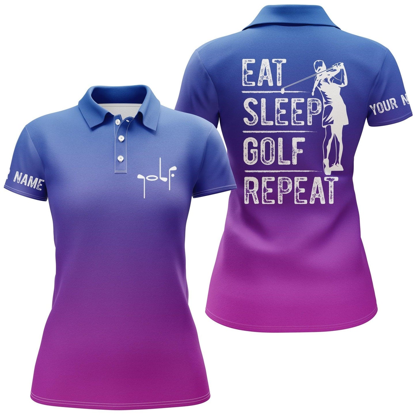 Customized Name Golf Women Polo Shirts, Personalized Gradient Color Eat Sleep Golf Repeat Polo Shirts - Perfect Gift For Ladies, Golfers, Golf Lovers - Amzanimalsgift