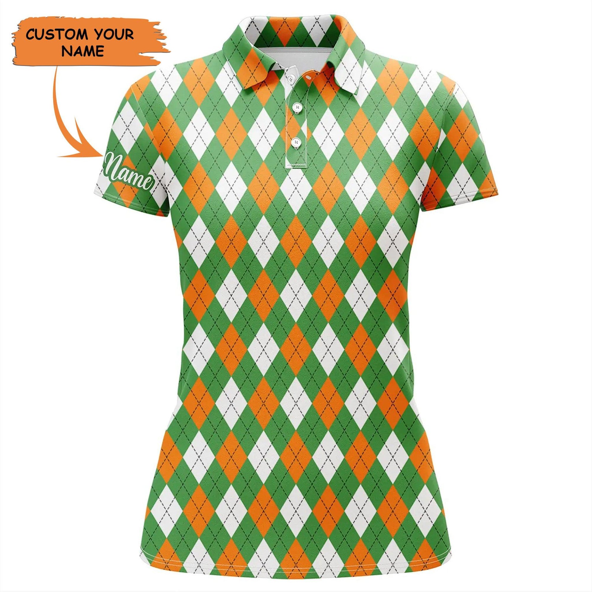 Customized Name Golf Women Polo Shirts, Personalized Green, Orange, White Pattern St. Patrick's Day Shirts - Perfect Gift For Golf Lovers, Golfers - Amzanimalsgift