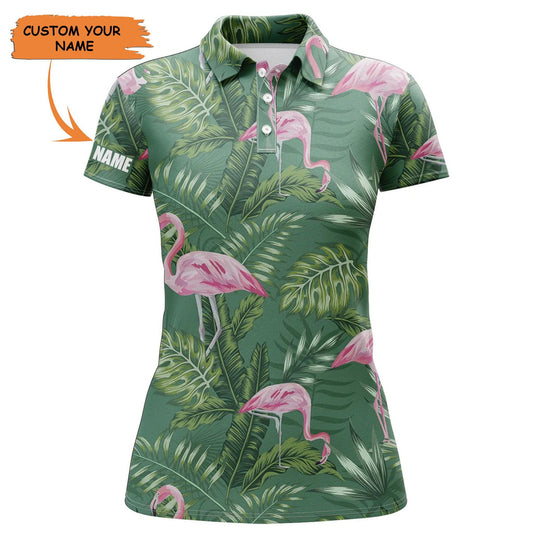 Customized Name Golf Women Polo Shirts, Personalized Green Tropical Plants Monstera Flamingo Shirts - Perfect Gift For Ladies, Golf Lovers, Golfers - Amzanimalsgift