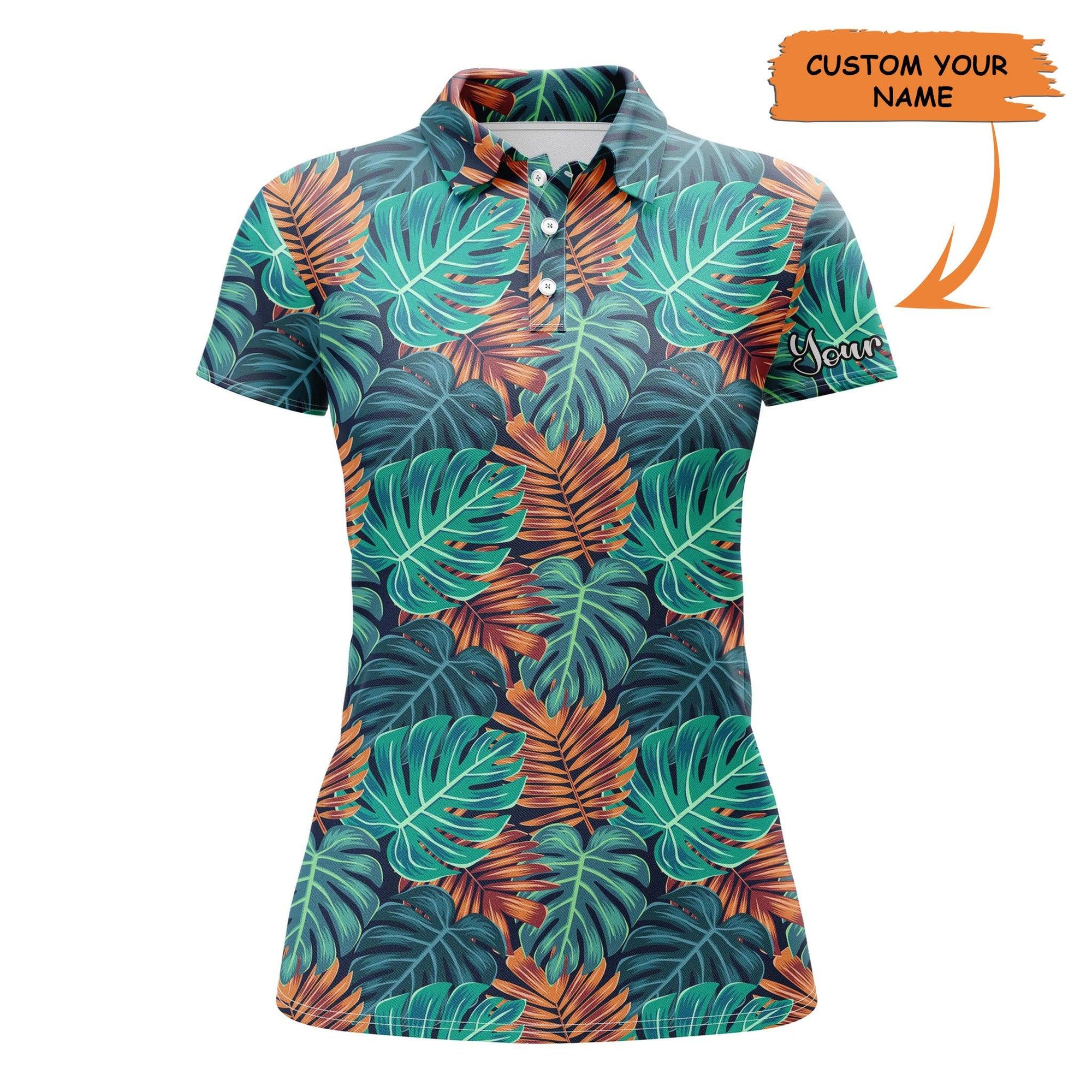 Customized Name Golf Women Polo Shirts, Personalized Monstera And Palm Leaves Nature Tropical Pattern Shirts - Perfect Gift For Golfers, Golf Lovers - Amzanimalsgift