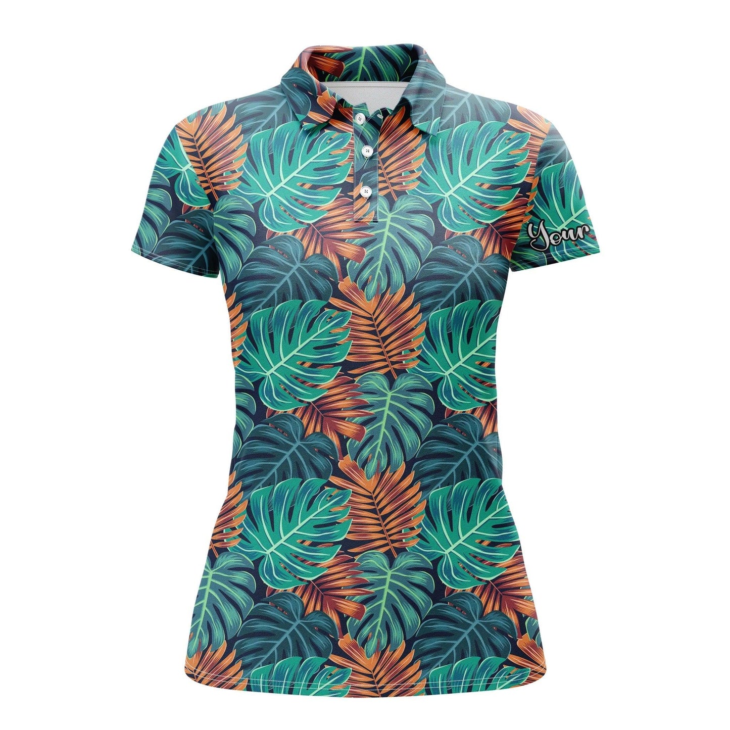 Customized Name Golf Women Polo Shirts, Personalized Monstera And Palm Leaves Nature Tropical Pattern Shirts - Perfect Gift For Golfers, Golf Lovers - Amzanimalsgift