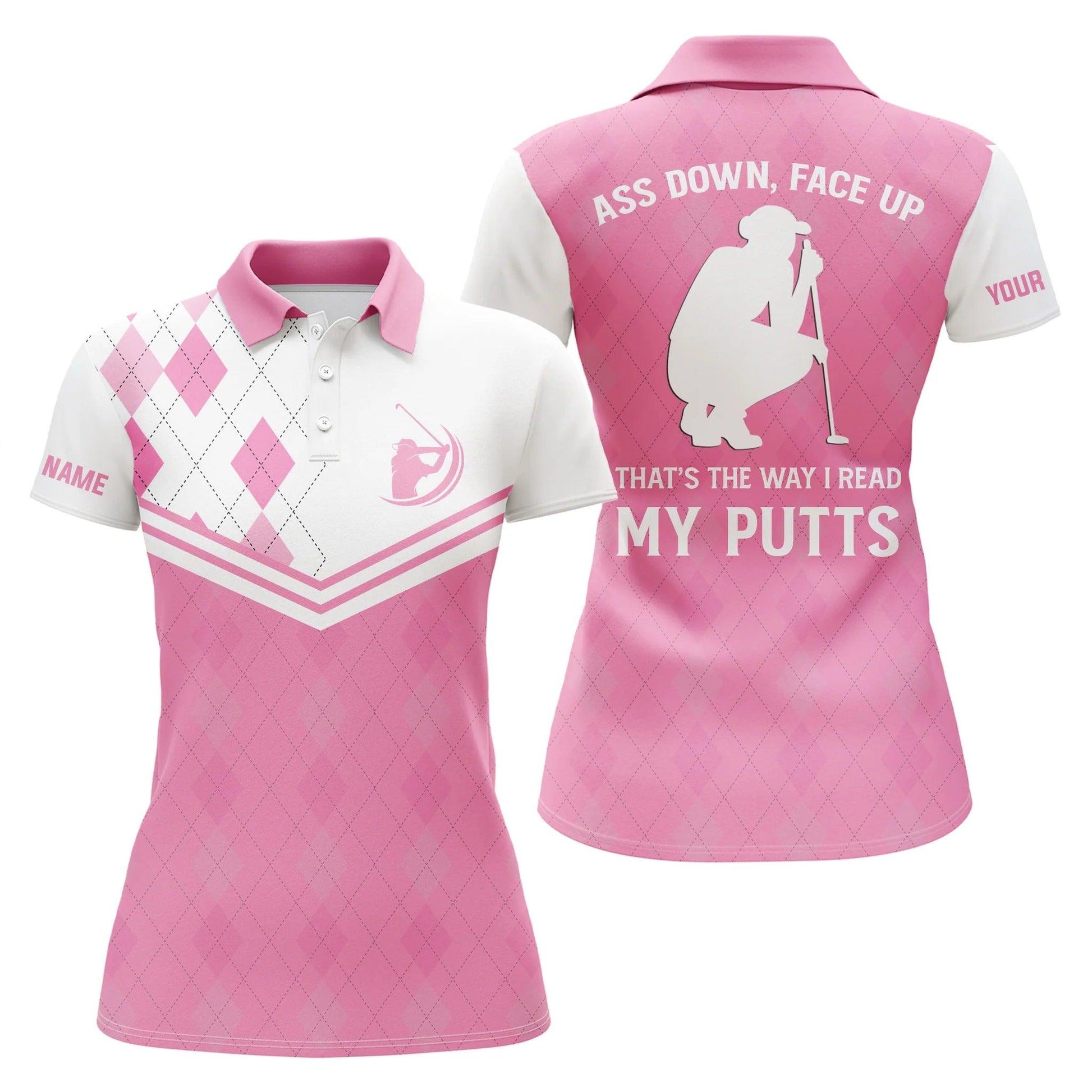 Customized Name Golf Women Polo Shirts, Personalized Pink Argyle Ass Down, Face Up That's The Way - Perfect Gift For Ladies, Golfers, Golf Lovers - Amzanimalsgift