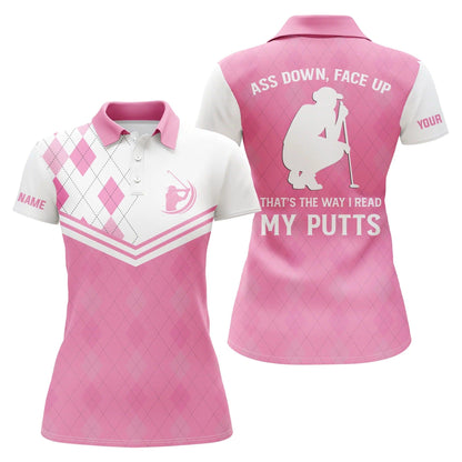 Customized Name Golf Women Polo Shirts, Personalized Pink Argyle Ass Down, Face Up That's The Way - Perfect Gift For Ladies, Golfers, Golf Lovers - Amzanimalsgift