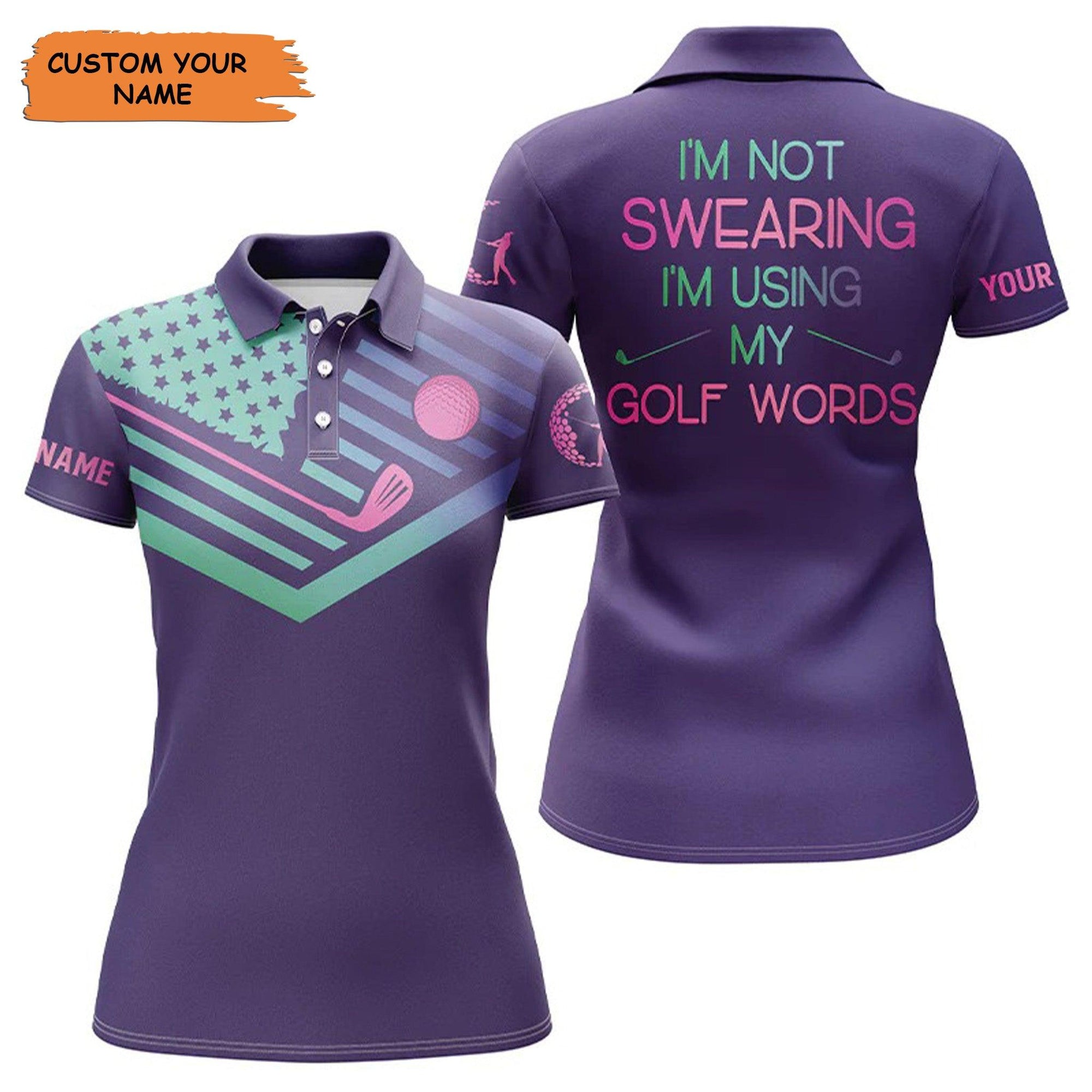 Customized Name Golf Women Polo Shirts, Personalized Purple Gradient American Flag Patriot I Am Not Swearing - Perfect Gift For Golfers, Golf Lovers - Amzanimalsgift