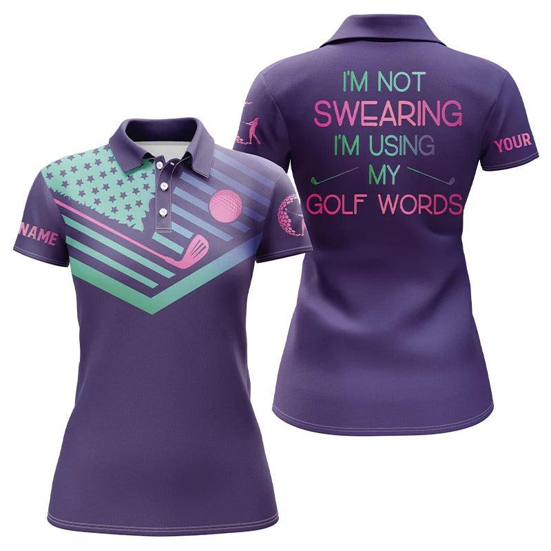Customized Name Golf Women Polo Shirts, Personalized Purple Gradient American Flag Patriot I Am Not Swearing - Perfect Gift For Golfers, Golf Lovers - Amzanimalsgift