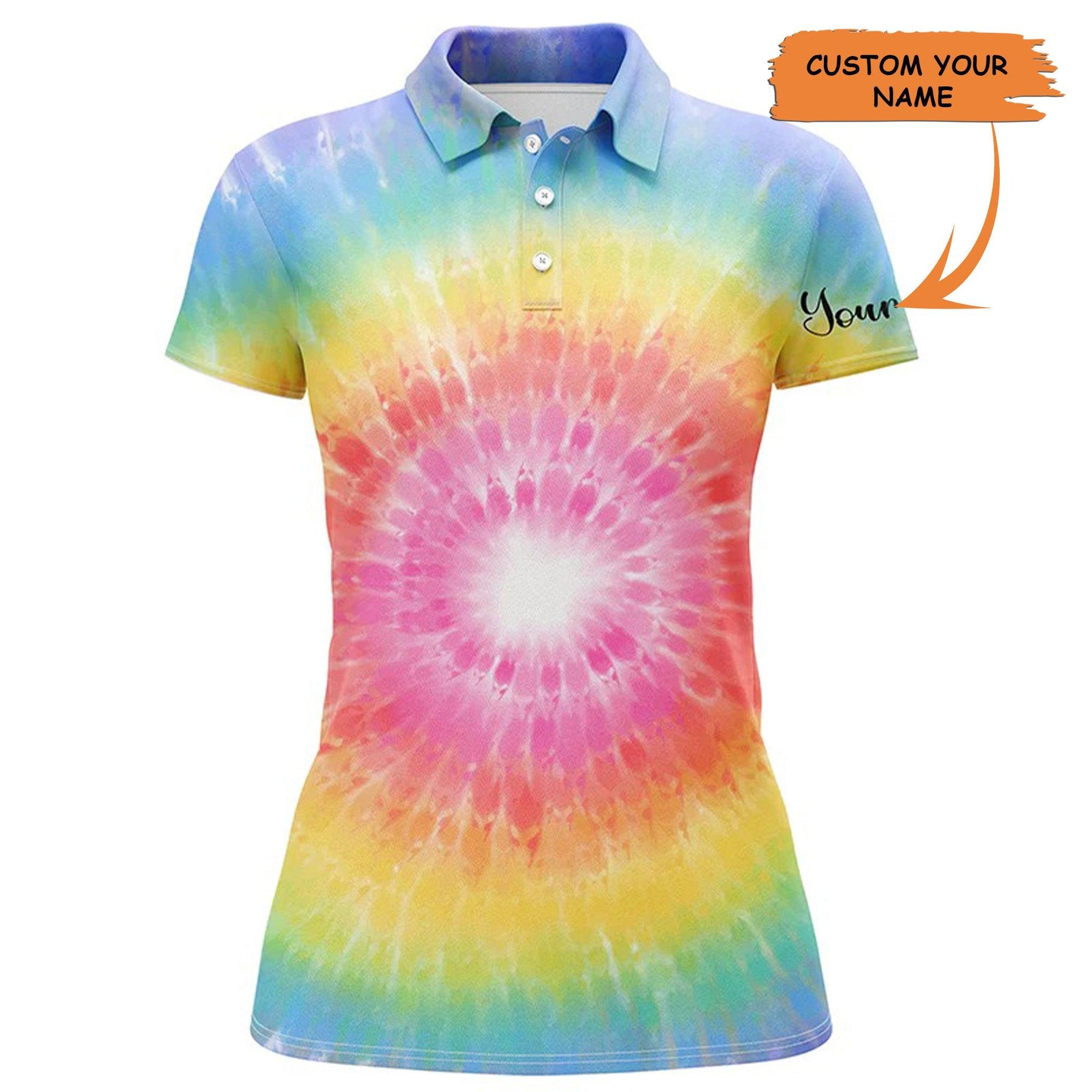 Customized Name Golf Women Polo Shirts, Personalized Rainbow Coloured Tie Dye Painted Polo Shirts - Perfect Gift For Ladies, Golf Lovers, Golfers - Amzanimalsgift