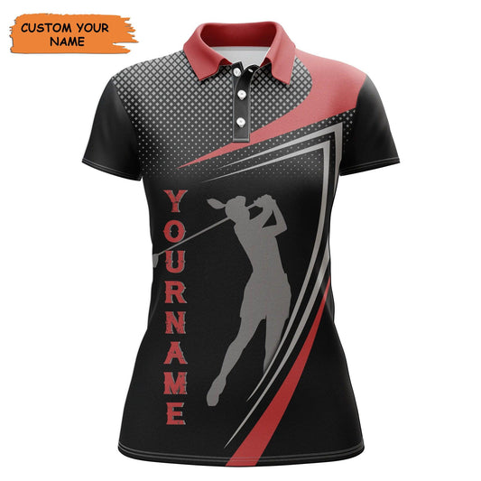 Customized Name Golf Women Polo Shirts, Personalized Red And Black Golf Polo Shirt, Golfer Silhouette - Perfect Gift For Ladies, Golfers, Golf Lovers - Amzanimalsgift