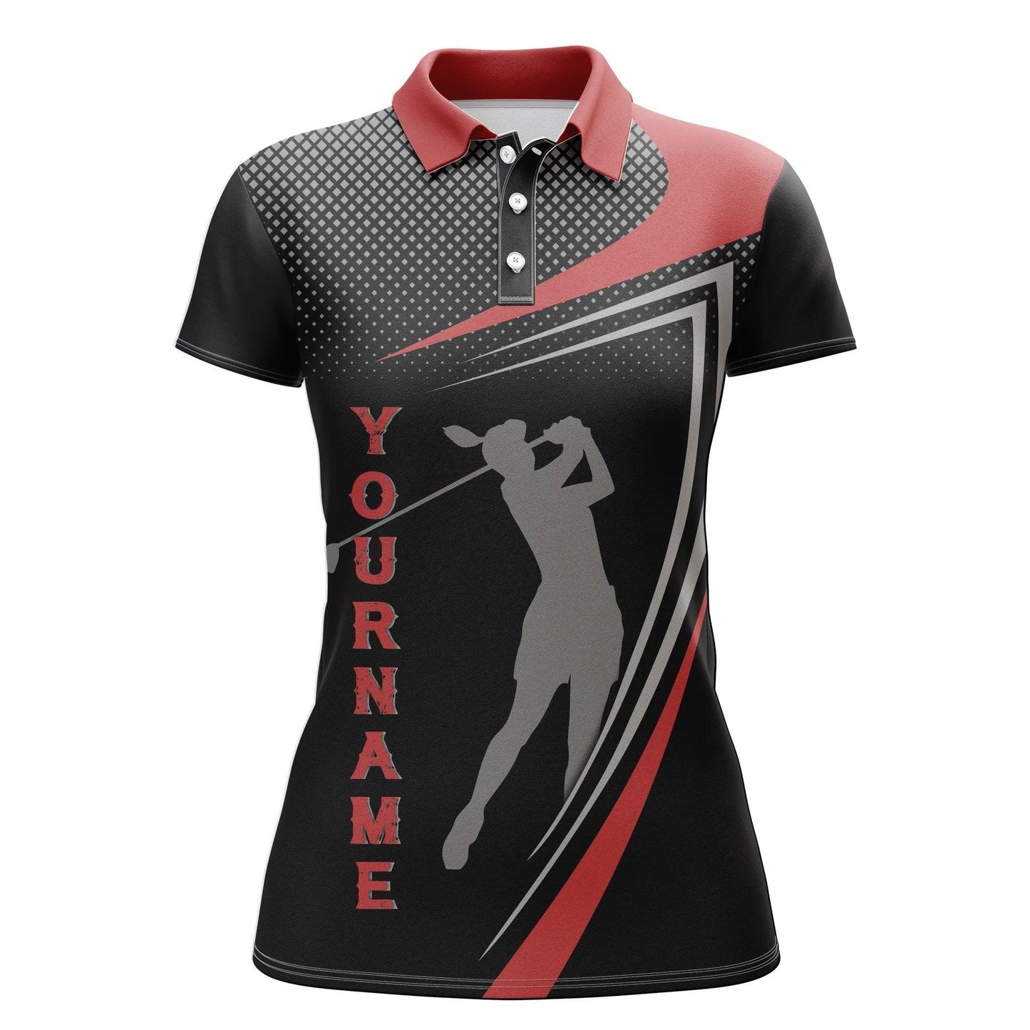 Customized Name Golf Women Polo Shirts, Personalized Red And Black Golf Polo Shirt, Golfer Silhouette - Perfect Gift For Ladies, Golfers, Golf Lovers - Amzanimalsgift