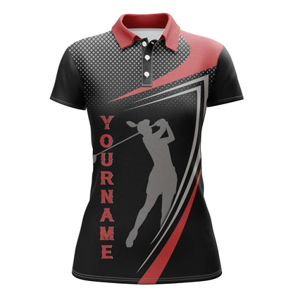 Customized Name Golf Women Polo Shirts, Personalized Red And Black Golf Polo Shirt, Golfer Silhouette - Perfect Gift For Ladies, Golfers, Golf Lovers - Amzanimalsgift