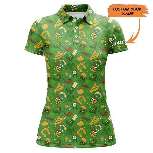 Customized Name Golf Women Polo Shirts, Personalized Saint Patrick's Day Green Pattern Polo Shirts - Perfect Gift For Ladies, Golf Lovers, Golfers - Amzanimalsgift