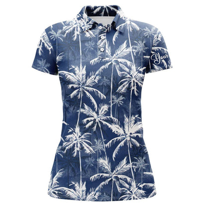 Customized Name Golf Women Polo Shirts, Personalized Tropical Background Blue Watercolor Palm Golf Polo Shirts - Perfect Gift For Golfers, Golf Lovers - Amzanimalsgift