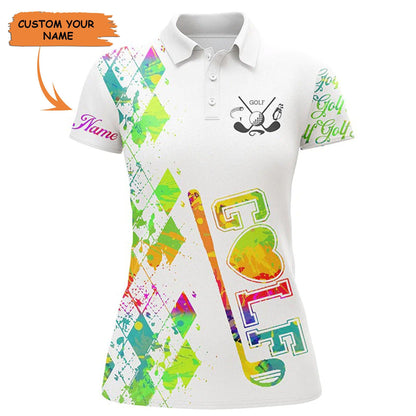 Customized Name Golf Women Polo Shirts, Personalized Watercolor Golf Clubs White Golf Tops For Women - Perfect Gift For Golfers, Golf Lovers - Amzanimalsgift