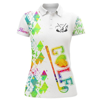 Customized Name Golf Women Polo Shirts, Personalized Watercolor Golf Clubs White Golf Tops For Women - Perfect Gift For Golfers, Golf Lovers - Amzanimalsgift
