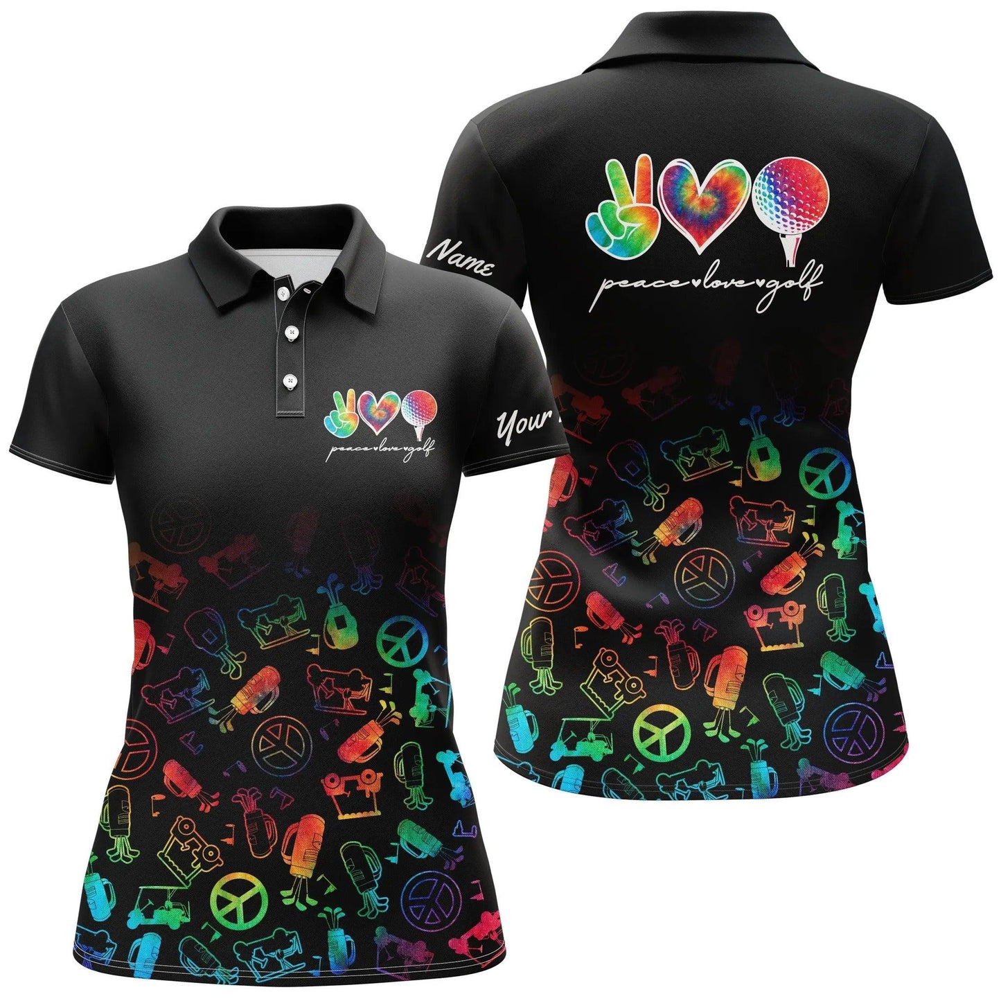 Customized Name Golf Women Polo Shirts, Personalized Watercolor Peace Love Golf Polo Shirts For Ladies - Perfect Gift For Golfers, Golf Lovers - Amzanimalsgift