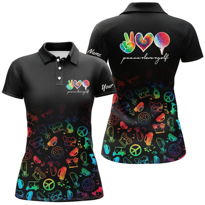 Customized Name Golf Women Polo Shirts, Personalized Watercolor Peace Love Golf Polo Shirts For Ladies - Perfect Gift For Golfers, Golf Lovers - Amzanimalsgift
