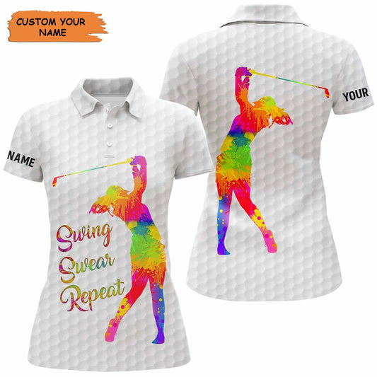 Customized Name Golf Women Polo Shirts, Personalized Watercolor Swing Swear Repeat Polo Shirts - Perfect Gift For Ladies, Golfers, Golf Lovers - Amzanimalsgift