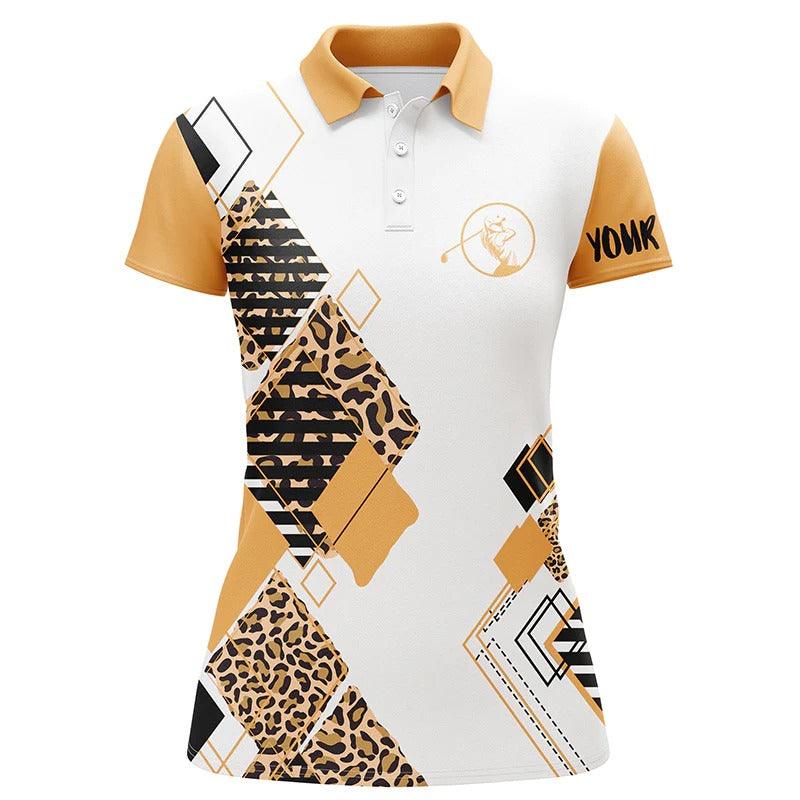 Customized Name Golf Women Polo Shirts, Personalized White Shirt Leopard Pattern Polo Shirts - Perfect Gift For Ladies, Golf Lovers, Golfers - Amzanimalsgift
