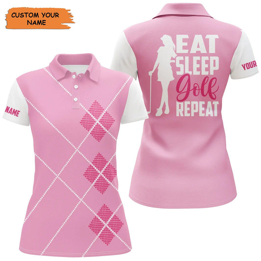 Customized Name Golf Women Polo Shirts, Pink Argyle Pattern Personalized Eat Sleep Golf Repeat Polo Shirts - Perfect Gift For Golfers, Golf Lovers - Amzanimalsgift