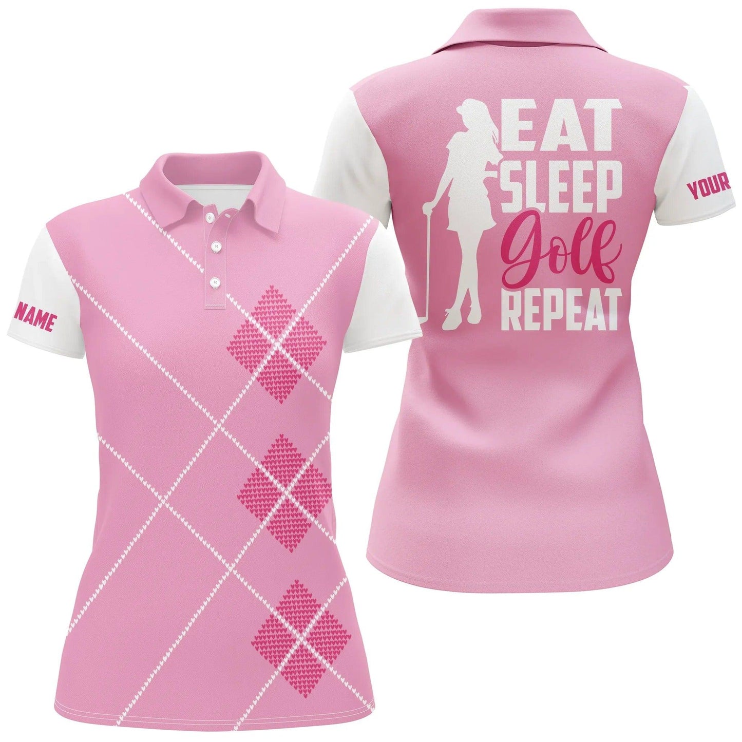 Customized Name Golf Women Polo Shirts, Pink Argyle Pattern Personalized Eat Sleep Golf Repeat Polo Shirts - Perfect Gift For Golfers, Golf Lovers - Amzanimalsgift