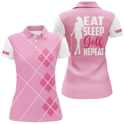 Customized Name Golf Women Polo Shirts, Pink Argyle Pattern Personalized Eat Sleep Golf Repeat Polo Shirts - Perfect Gift For Golfers, Golf Lovers - Amzanimalsgift