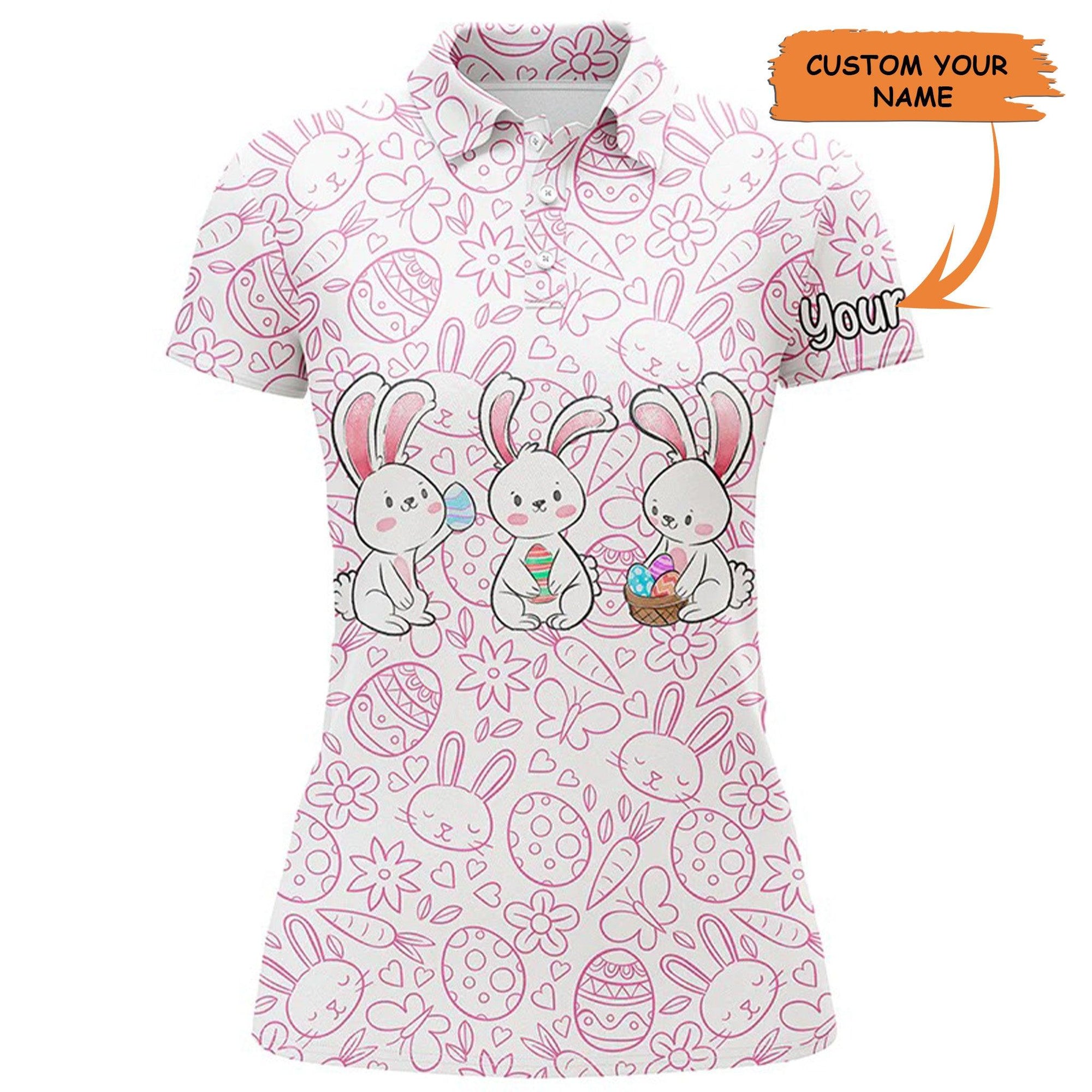 Customized Name Golf Women Polo Shirts, Pink Easter Bunny Eggs Pattern Personalized Easter's Day Gift - Perfect Gift For Ladies, Golfers, Golf Lovers - Amzanimalsgift