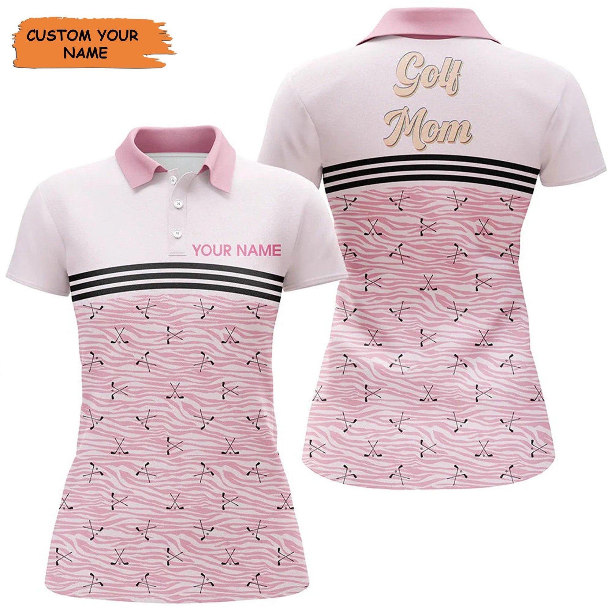 Customized Name Golf Women Polo Shirts, Pink Golf Clubs Zebra Pattern Personalized Golf Mom, Mother's Day - Perfect Gift For Golfers, Golf Lovers - Amzanimalsgift