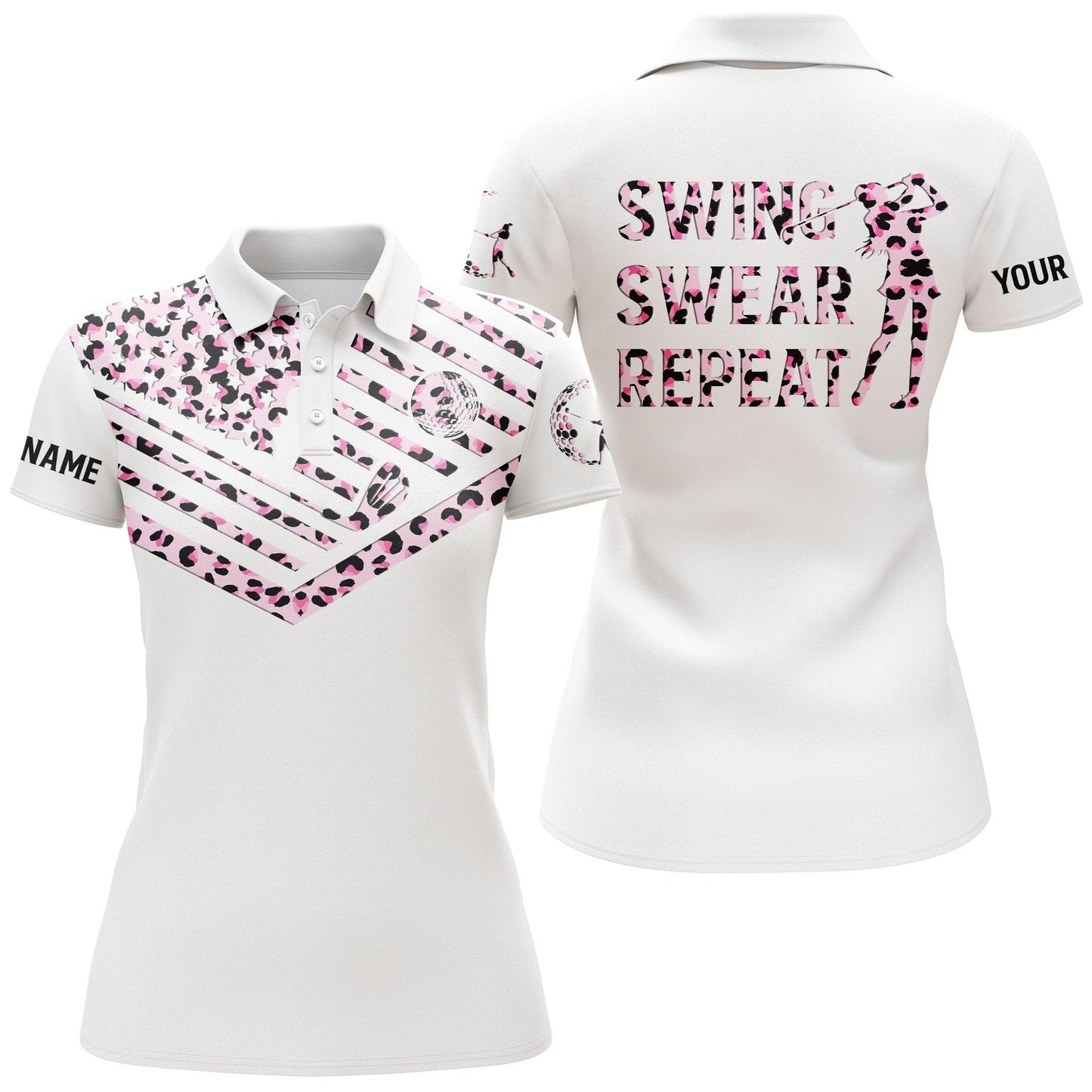 Customized Name Golf Women Polo Shirts, Pink Leopard American Flag Personalized Golf Swing Swear Repeat Shirts - Perfect Gift For Golfers, Golf Lovers - Amzanimalsgift