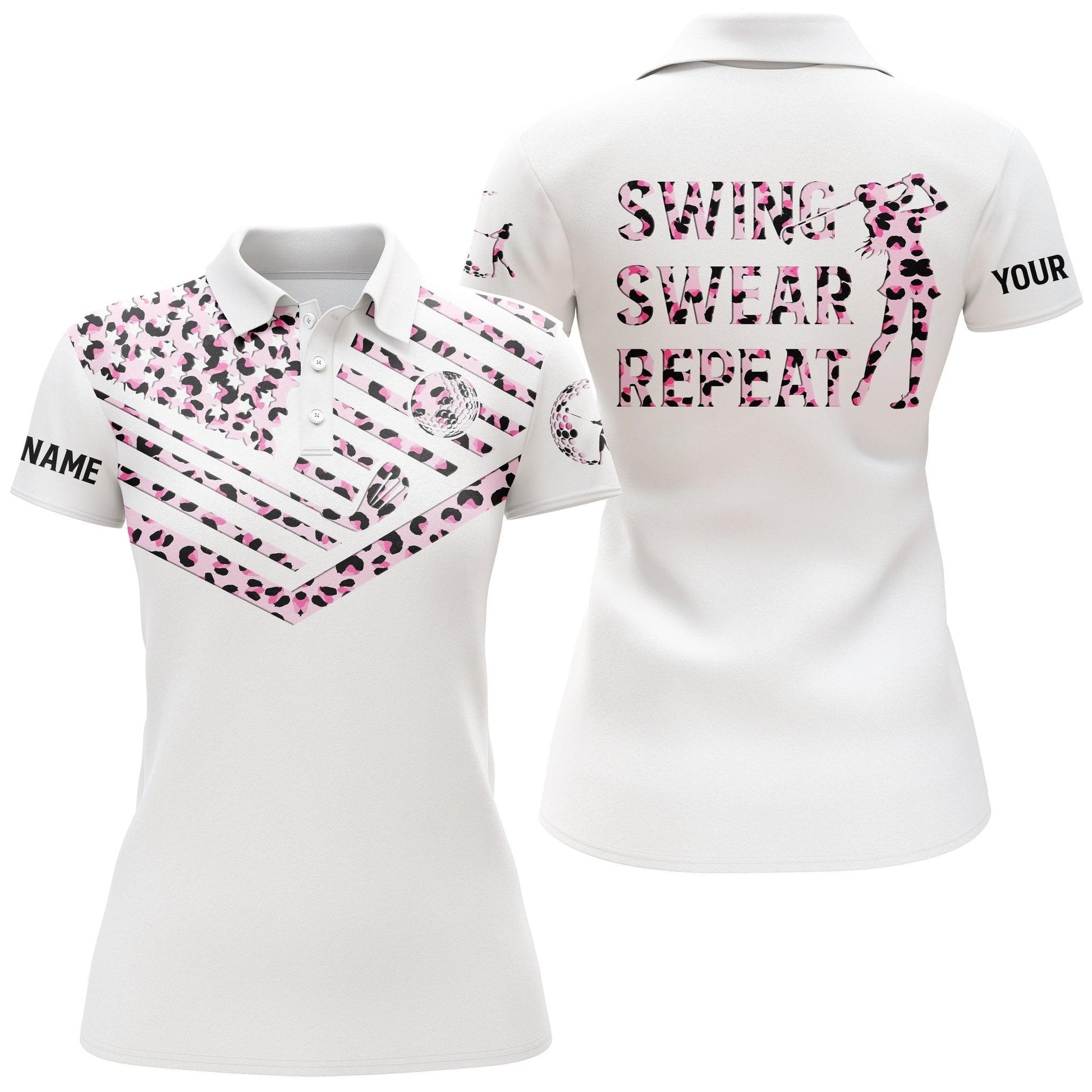 Customized Name Golf Women Polo Shirts, Pink Leopard American Flag Personalized Golf Swing Swear Repeat Shirts - Perfect Gift For Golfers, Golf Lovers - Amzanimalsgift