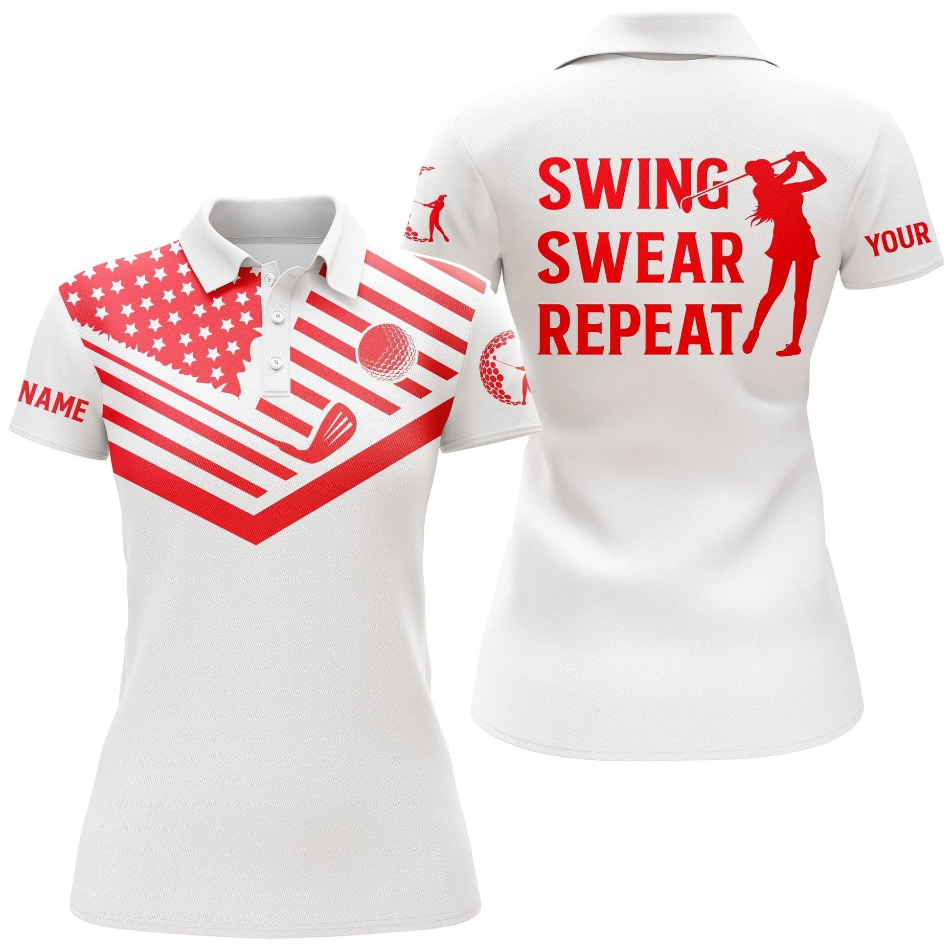Customized Name Golf Women Polo Shirts, Pink Leopard American Flag Personalized Golf Swing Swear Repeat Shirts - Perfect Gift For Golfers, Golf Lovers - Amzanimalsgift
