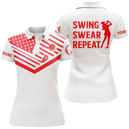 Customized Name Golf Women Polo Shirts, Pink Leopard American Flag Personalized Golf Swing Swear Repeat Shirts - Perfect Gift For Golfers, Golf Lovers - Amzanimalsgift