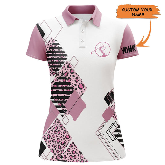 Customized Name Golf Women Polo Shirts, Pink Leopard Pattern Personalized White Women Golf Polo Shirts - Perfect Gift For Ladies, Golfers, Golf Lovers - Amzanimalsgift