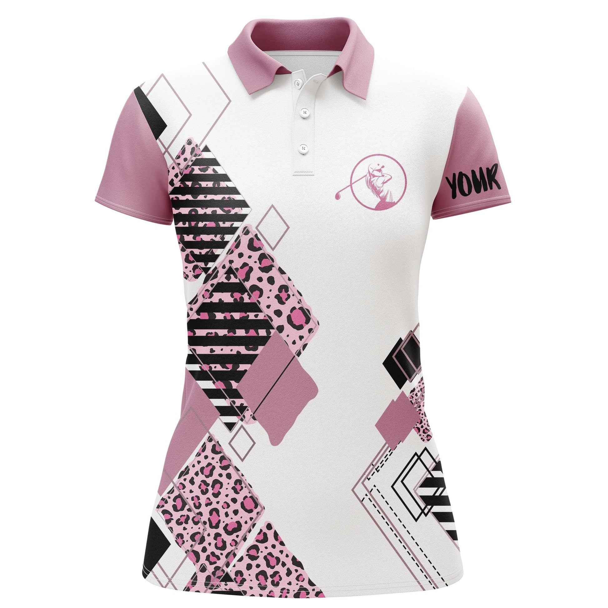 Customized Name Golf Women Polo Shirts, Pink Leopard Pattern Personalized White Women Golf Polo Shirts - Perfect Gift For Ladies, Golfers, Golf Lovers - Amzanimalsgift