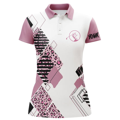 Customized Name Golf Women Polo Shirts, Pink Leopard Pattern Personalized White Women Golf Polo Shirts - Perfect Gift For Ladies, Golfers, Golf Lovers - Amzanimalsgift