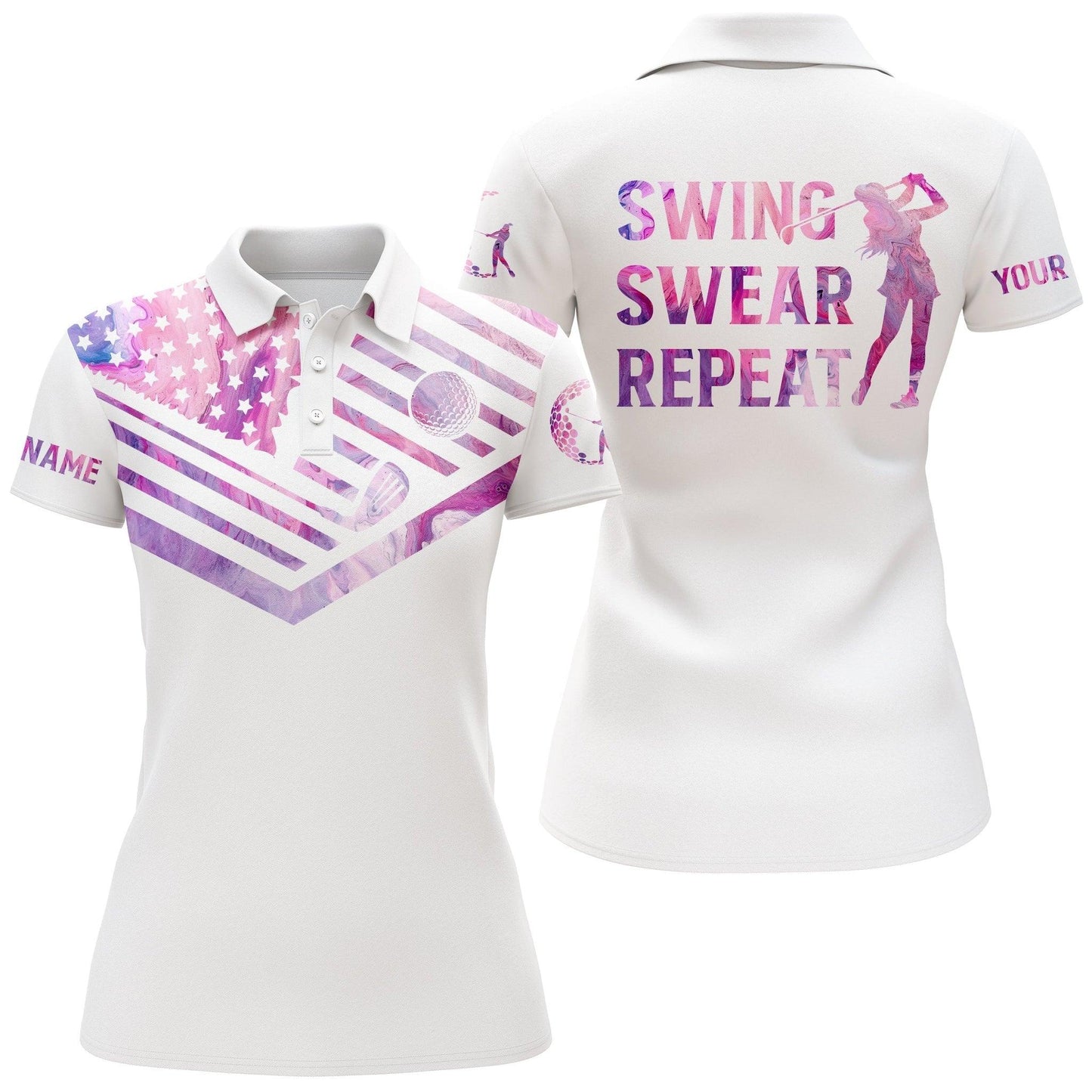 Customized Name Golf Women Polo Shirts, Pink Marble American Flag Personalized Golf Swing Swear Repeat Shirts - Perfect Gift For Golfers, Golf Lovers - Amzanimalsgift