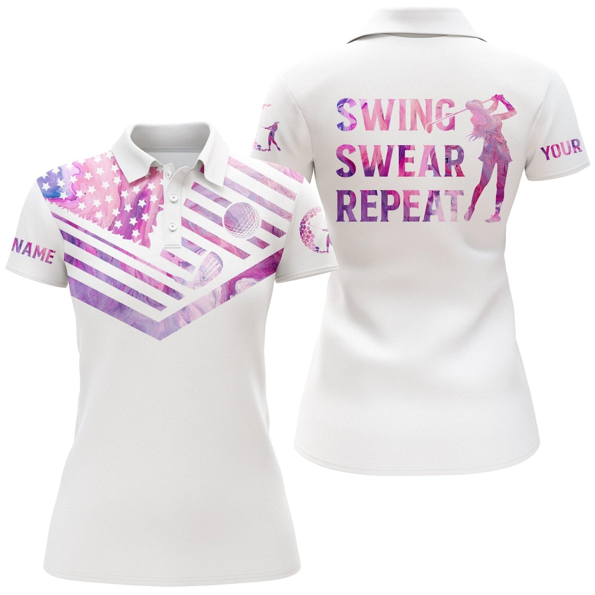 Customized Name Golf Women Polo Shirts, Pink Marble American Flag Personalized Golf Swing Swear Repeat Shirts - Perfect Gift For Golfers, Golf Lovers - Amzanimalsgift