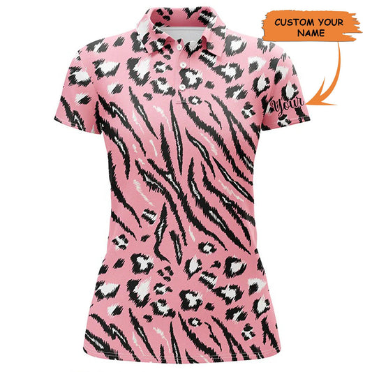 Customized Name Golf Women Polo Shirts, Pink Tiger Leopard Texture Personalized Unique Golfers Gifts - Perfect Gift For Ladies, Golfers, Golf Lovers - Amzanimalsgift