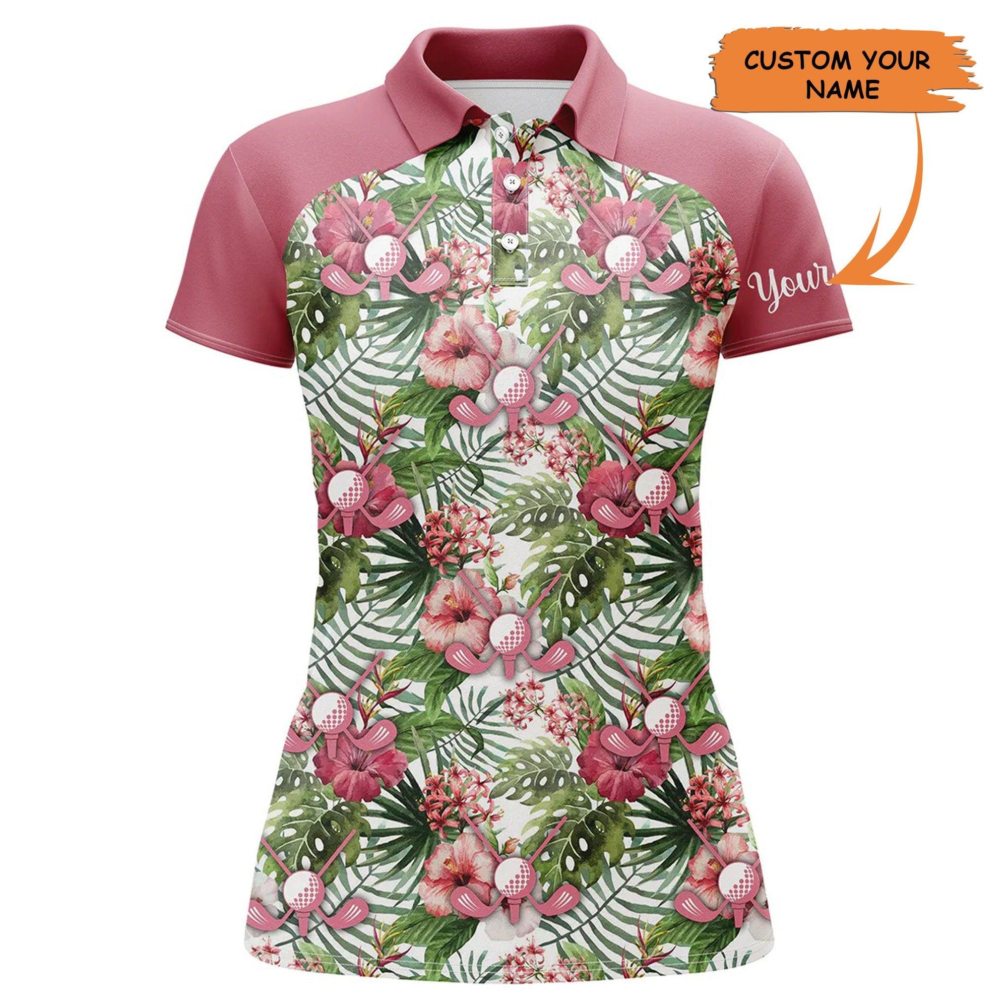 Customized Name Golf Women Polo Shirts, Pink Tropical Flower Leaves Pattern Personalized Women Golf Polo Shirt - Perfect Gift For Golfers, Golf Lovers - Amzanimalsgift