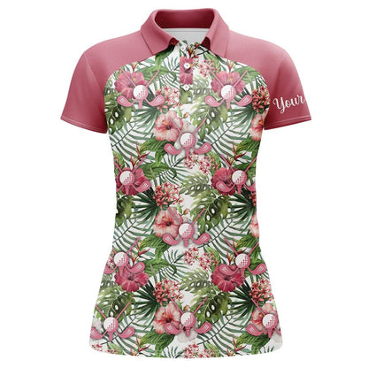 Customized Name Golf Women Polo Shirts, Pink Tropical Flower Leaves Pattern Personalized Women Golf Polo Shirt - Perfect Gift For Golfers, Golf Lovers - Amzanimalsgift