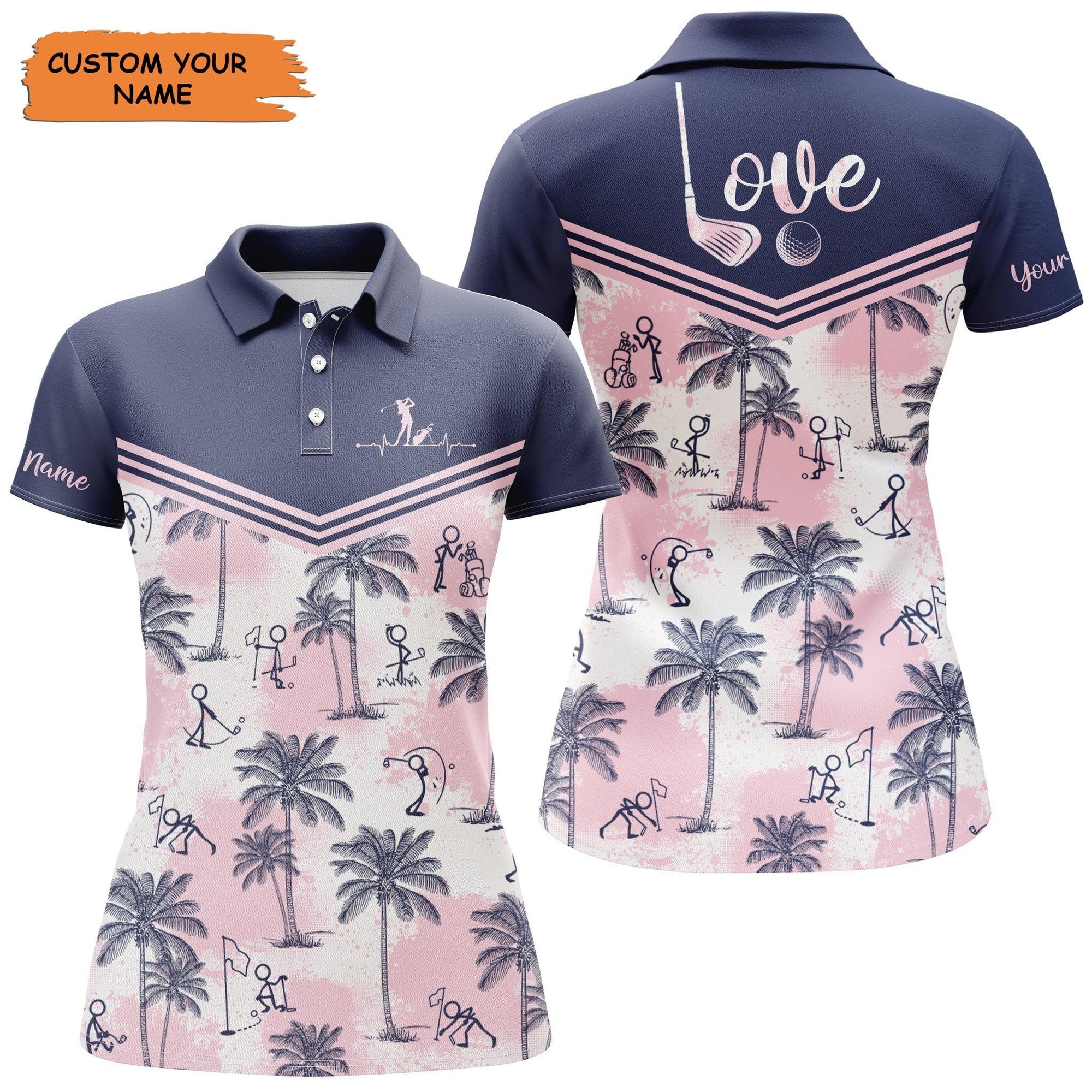 Customized Name Golf Women Polo Shirts, Pink Tropical Palm Pattern Personalized Women Golf Polo Shirt - Perfect Gift For Golfers, Golf Lovers - Amzanimalsgift