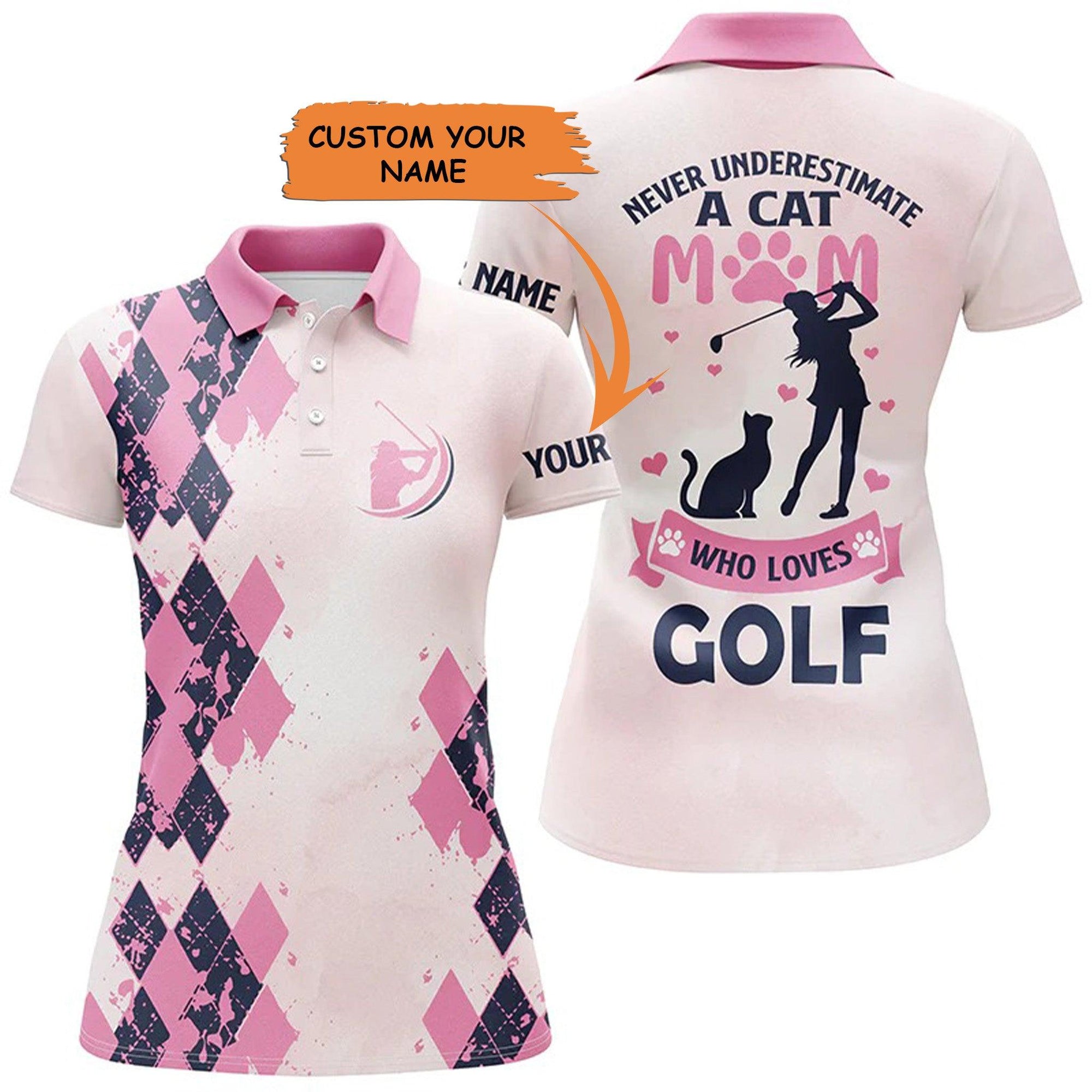 Customized Name Golf Women Polo Shirts, Pink Women Polo Shirts Personalized A Cat Mom Who Loves Golf - Perfect Gift For Ladies, Golfers, Golf Lovers - Amzanimalsgift