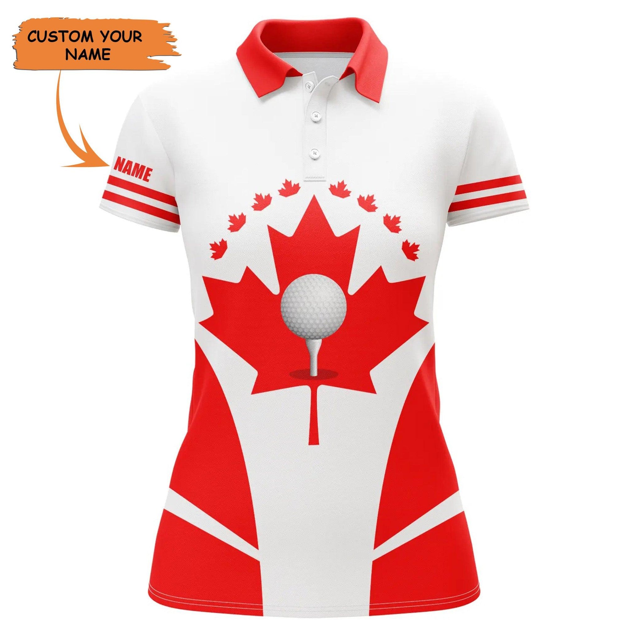 Customized Name Golf Women Polo Shirts, Red White Shirt Personalized Canadian Flag Patriotic Golf Balls - Perfect Gift For Ladies, Golfers, Golf Lovers - Amzanimalsgift