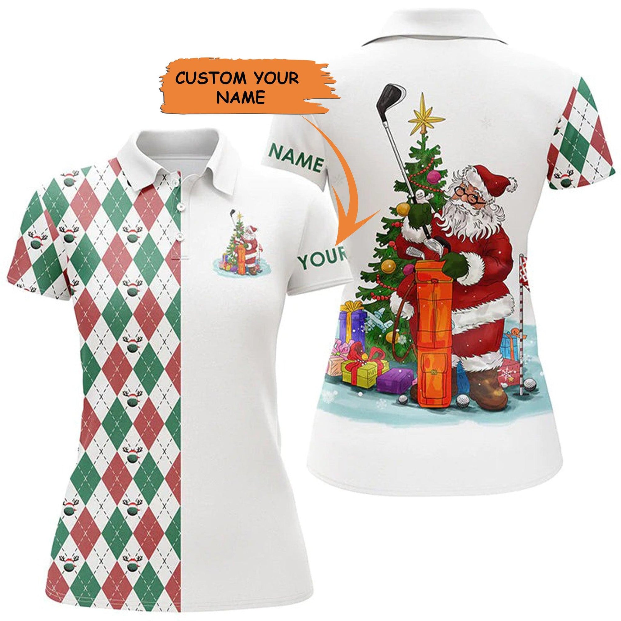 Customized Name Golf Women Polo Shirts, Santa Golfer Personalized Christmas Golf Ball Pattern Polo Shirts - Perfect Gift For Golfers, Golf Lovers - Amzanimalsgift