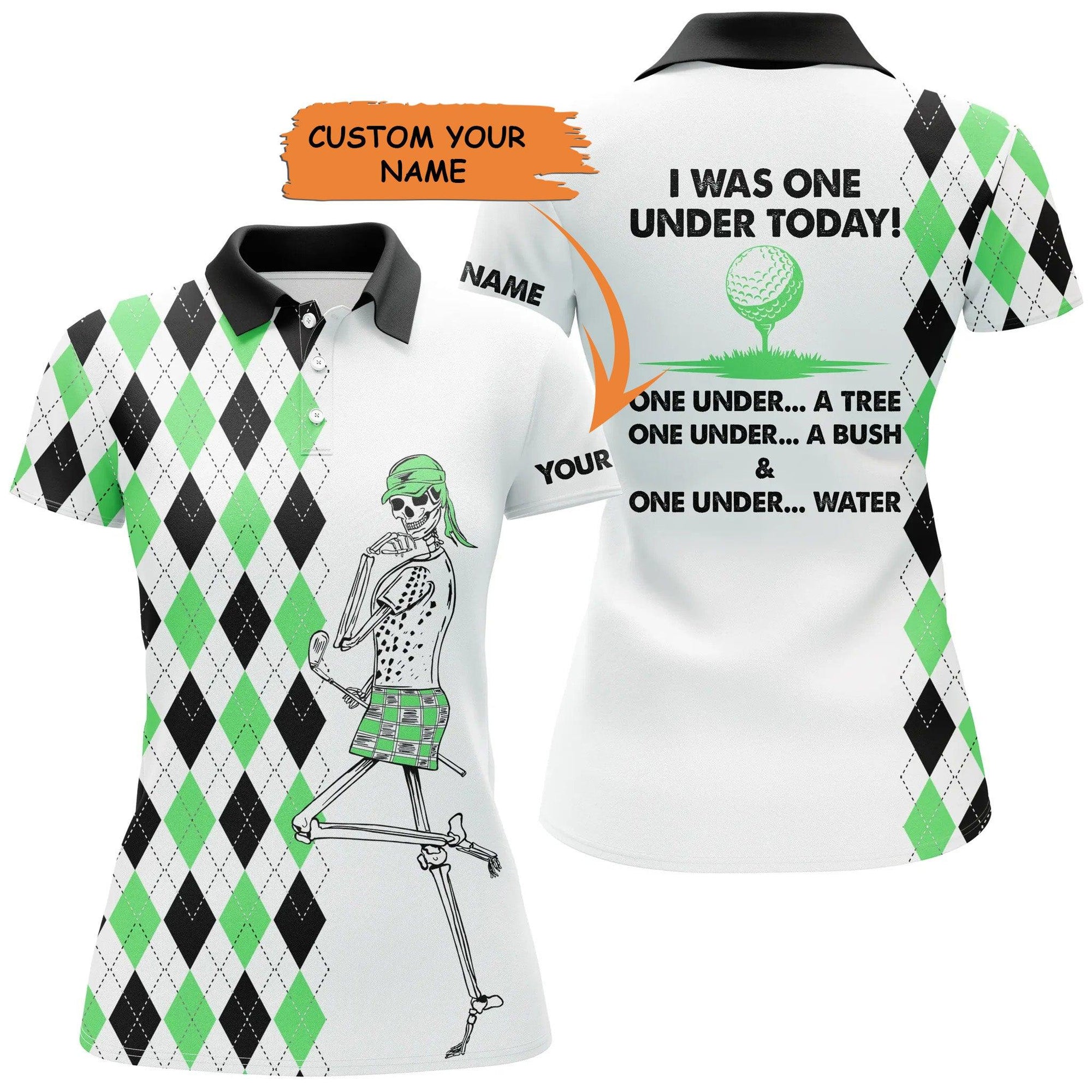 Customized Name Golf Women Polo Shirts, Skeleton Green Argyle Plaid Pattern Personalized I Was One Under Today - Perfect Gift For Golfers, Golf Lovers - Amzanimalsgift