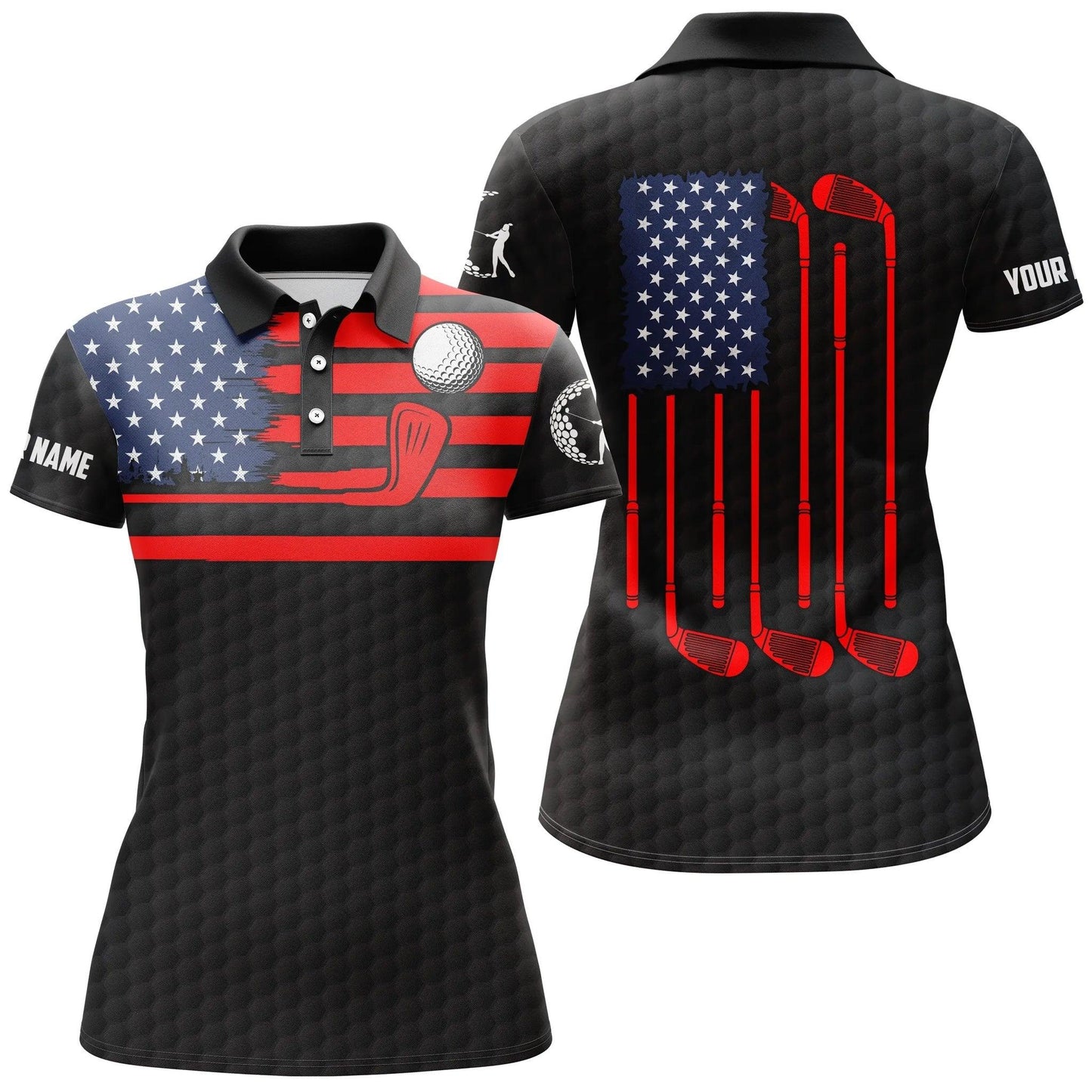 Customized Name Golf Women Polo Shirts, Skull, American Flag Patriotic, Personalized Ladies Black Golf Clubs - Perfect Gift For Golfers, Golf Lovers - Amzanimalsgift