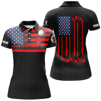Customized Name Golf Women Polo Shirts, Skull, American Flag Patriotic, Personalized Ladies Black Golf Clubs - Perfect Gift For Golfers, Golf Lovers - Amzanimalsgift