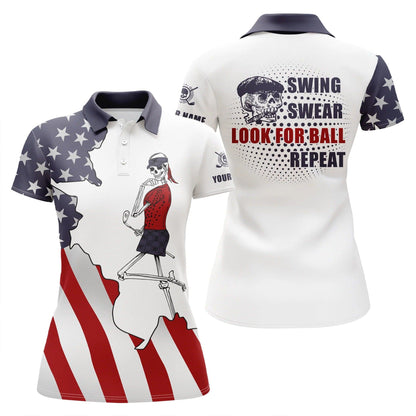 Customized Name Golf Women Polo Shirts, Skull, American Flag Patriotic, Personalized Ladies Golf Polo Shirts - Perfect Gift For Golfers, Golf Lovers - Amzanimalsgift
