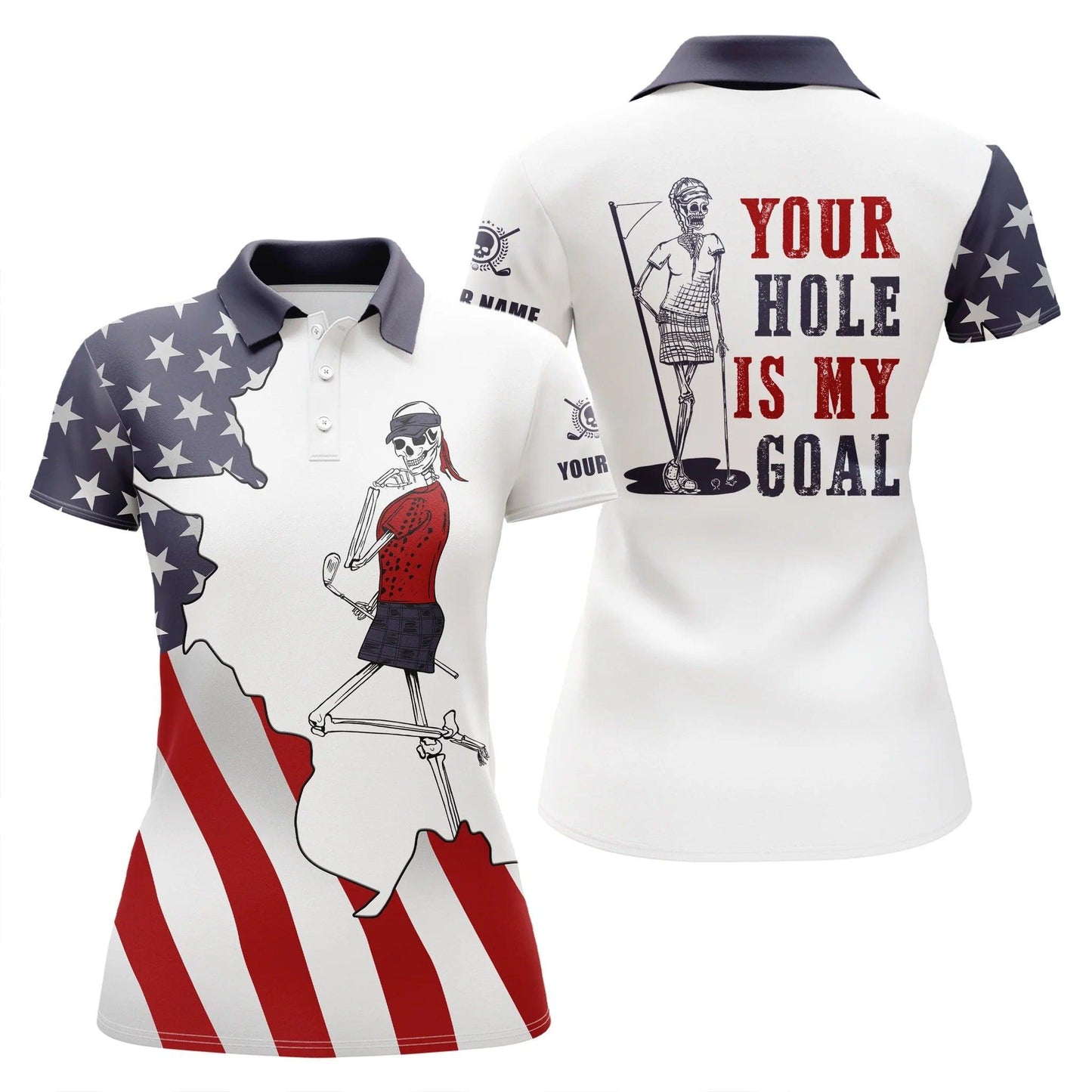 Customized Name Golf Women Polo Shirts, Skull, American Flag Patriotic, Personalized Ladies Golf Polo Shirts - Perfect Gift For Golfers, Golf Lovers - Amzanimalsgift