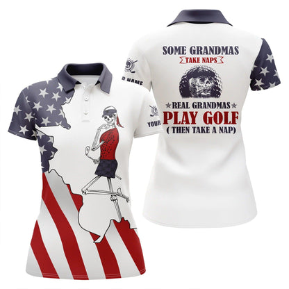 Customized Name Golf Women Polo Shirts, Skull, American Flag Patriotic, Personalized Ladies Golf Polo Shirts - Perfect Gift For Golfers, Golf Lovers - Amzanimalsgift