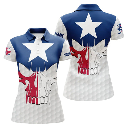 Customized Name Golf Women Polo Shirts, Texas Flag Patriot Personalized Skull Golf Ball Polo Shirts - Perfect Gift For Ladies, Golf Lovers, Golfers - Amzanimalsgift
